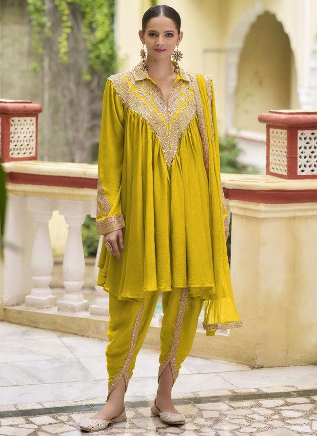 Chinnon Yellow Festival Wear Lace Work Readymade Dhoti Suit